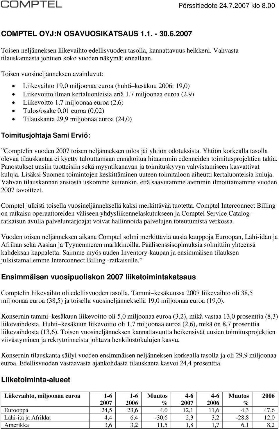 Toisen vuosineljänneksen avainluvut: Liikevaihto 19,0 miljoonaa euroa (huhti kesäkuu 2006: 19,0) Liikevoitto ilman kertaluonteisia eriä 1,7 miljoonaa euroa (2,9) Liikevoitto 1,7 miljoonaa euroa (2,6)