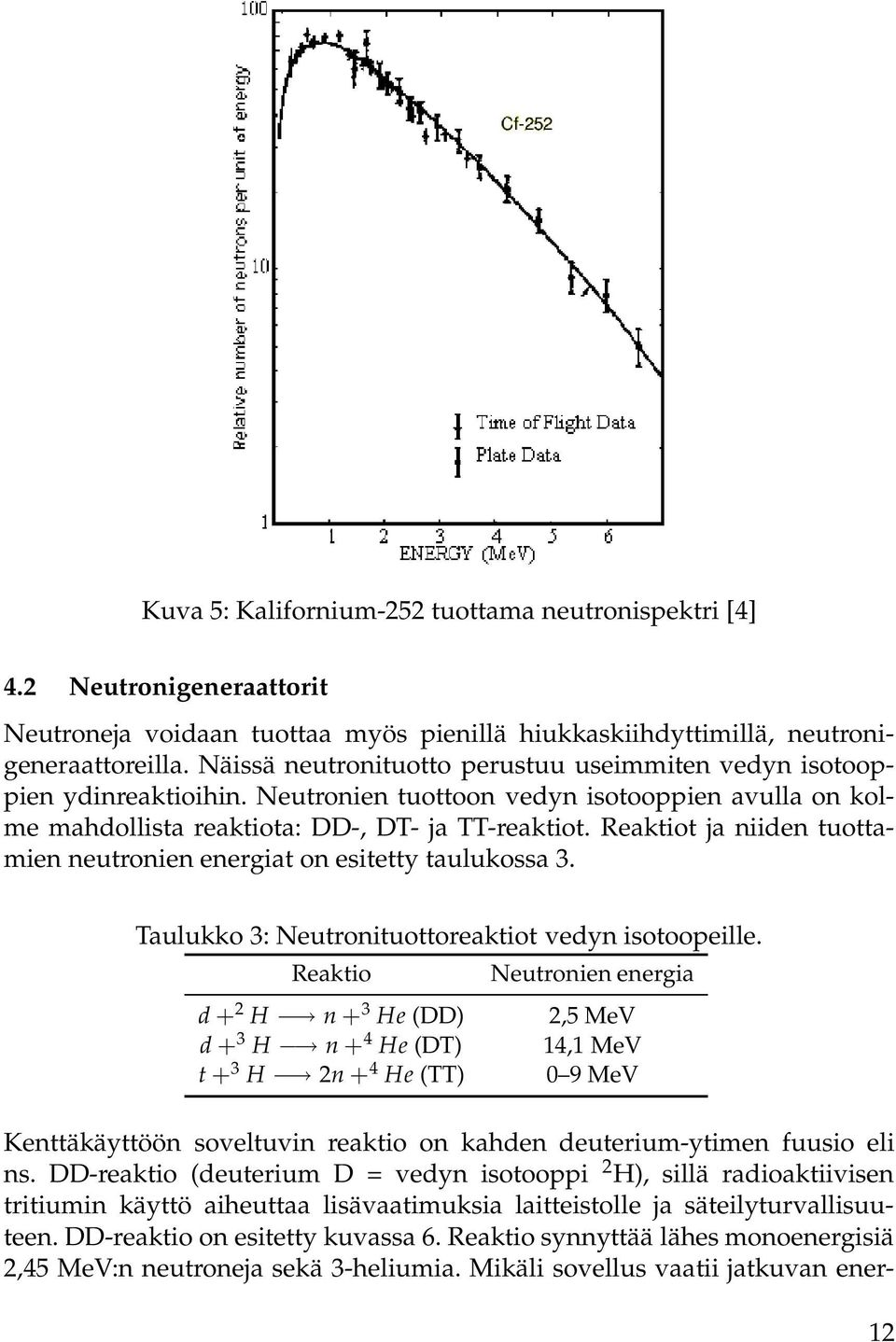 Reaktiot ja niiden tuottamien neutronien energiat on esitetty taulukossa 3. Taulukko 3: Neutronituottoreaktiot vedyn isotoopeille.