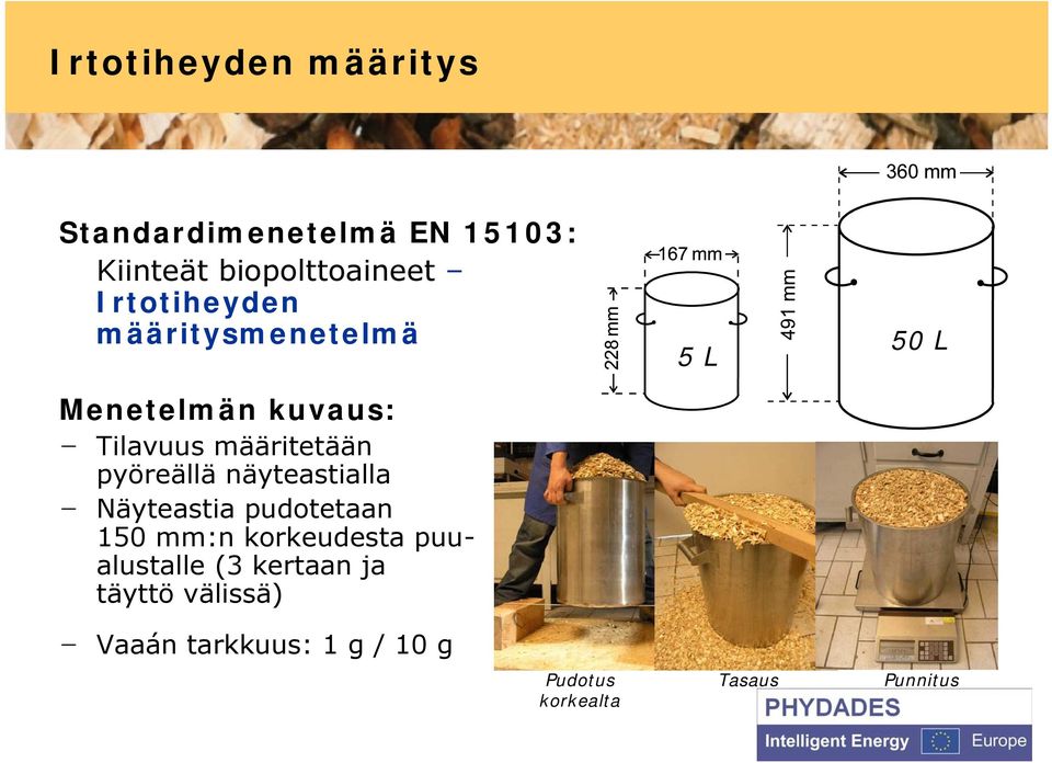 näyteastialla - Näyteastia pudotetaan 150 mm:n korkeudesta puualustalle (3 kertaan