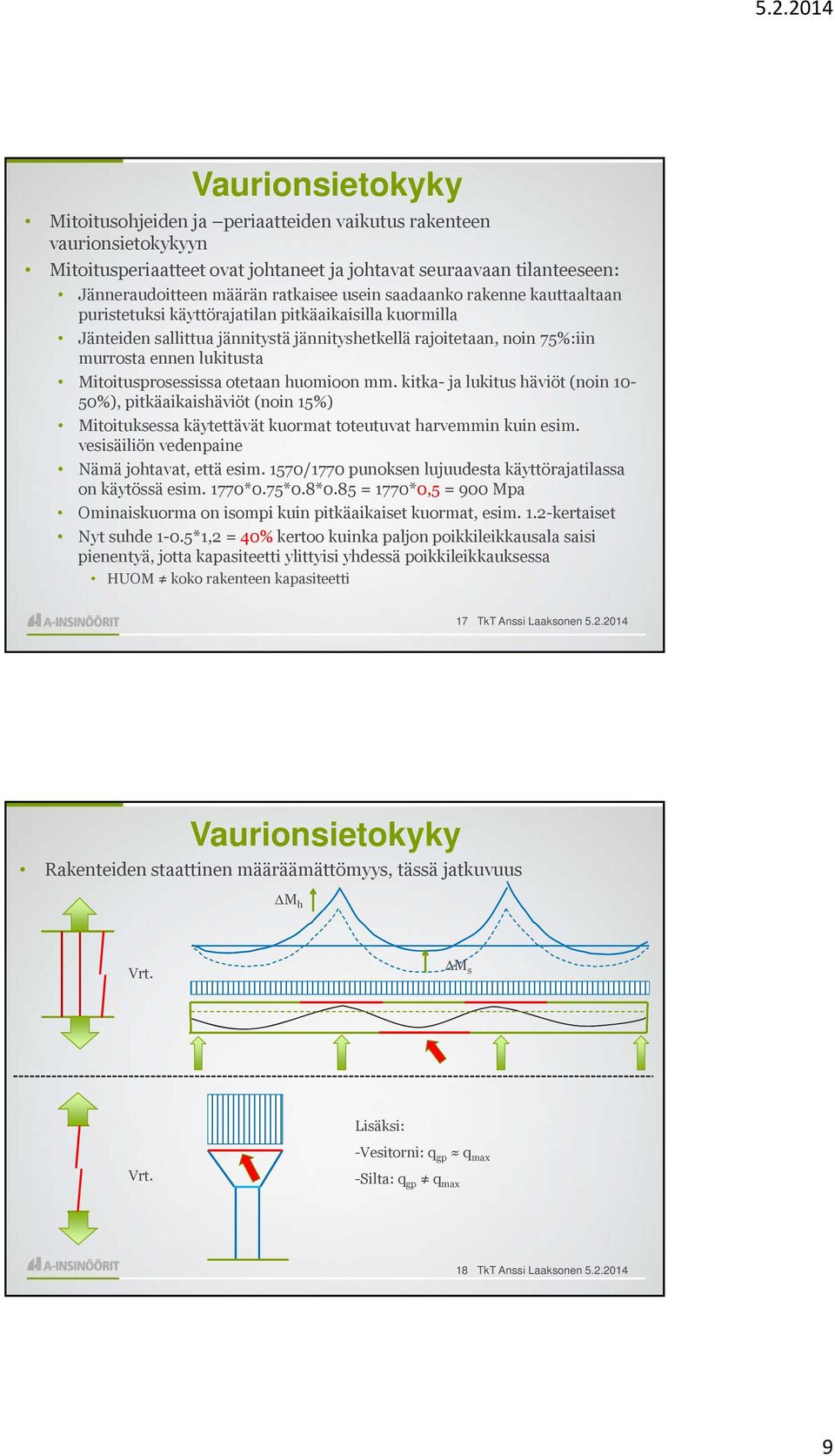 Mitoitusprosessissa otetaan huomioon mm. kitka- ja lukitus häviöt (noin 10-50%), pitkäaikaishäviöt (noin 15%) Mitoituksessa käytettävät kuormat toteutuvat harvemmin kuin esim.