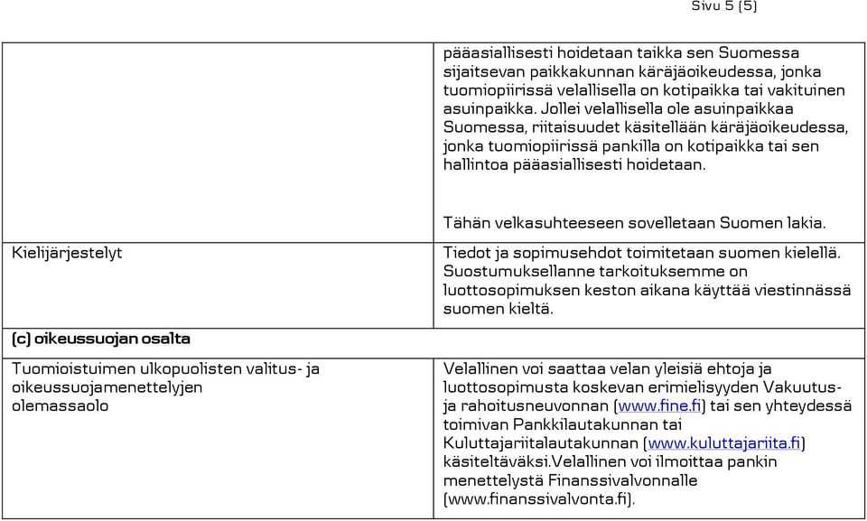 Kielijärjestelyt (c) oikeussuojan osalta Tuomioistuimen ulkopuolisten valitus- ja oikeussuojamenettelyjen olemassaolo Tähän velkasuhteeseen sovelletaan Suomen lakia.