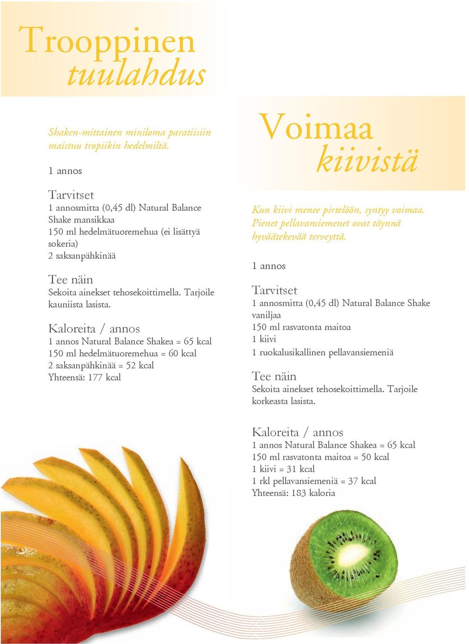 Natural Balance Shakea = 65 kcal 150 ml hedelmätuoremehua = 60 kcal 2 saksanpähkinää = 52 kcal Yhteensä: 177 kcal Voimaa kiivistä Kun kiivi menee pirtelöön, syntyy voimaa.