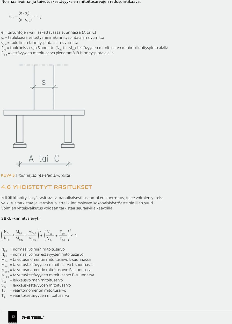 annettu (N Rd tai M Rd ) kestävyyden mitoitusarvo minimikiinnityspinta-alalla F red = kestävyyden mitoitusarvo pienemmällä kiinnityspinta-alalla KUVA 5. Kiinnityspinta-alan sivumitta 4.