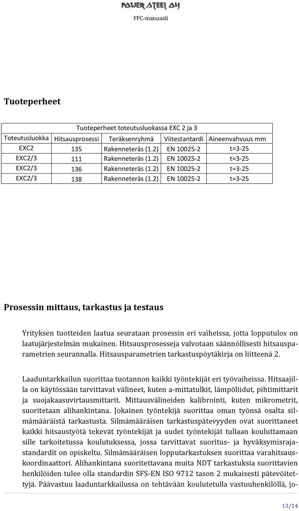 2) EN 10025-2 t=3-25 Prosessin mittaus, tarkastus ja testaus Yrityksen tuotteiden laatua seurataan prosessin eri vaiheissa, jotta lopputulos on laatujärjestelmän mukainen.