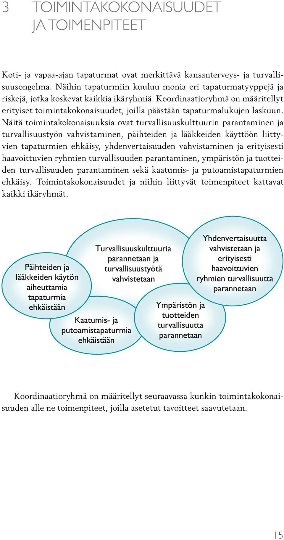 Koordinaatioryhmä on määritellyt erityiset toimintakokonaisuudet, joilla päästään tapaturmalukujen laskuun.