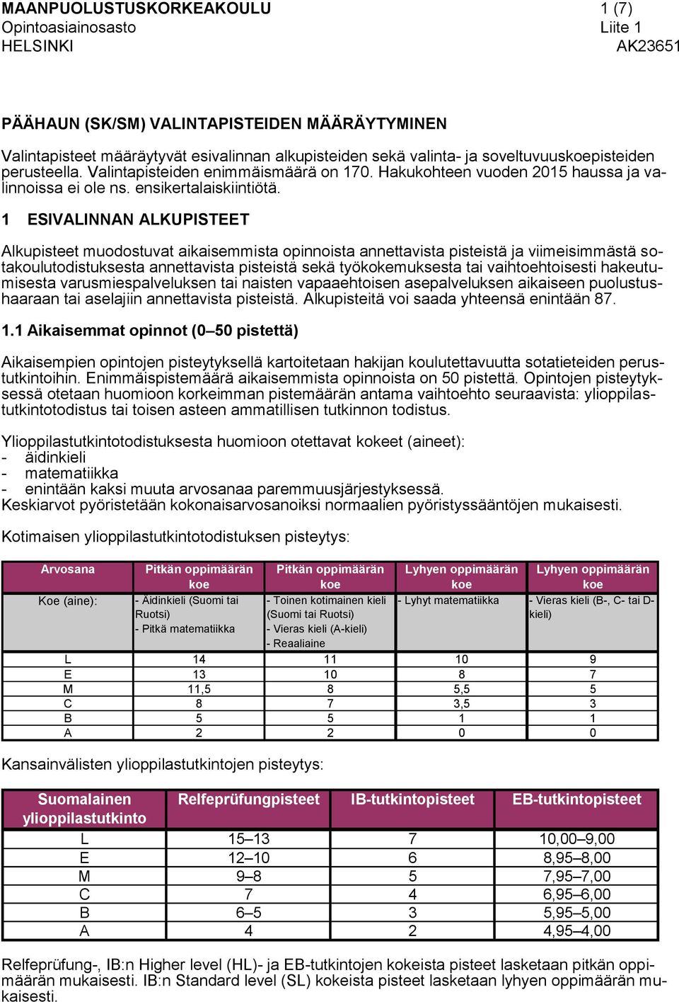 1 ESIVALINNAN ALKUPISTEET Alkupisteet muodostuvat aikaisemmista opinnoista annettavista pisteistä ja viimeisimmästä sotakoulutodistuksesta annettavista pisteistä sekä työkokemuksesta tai