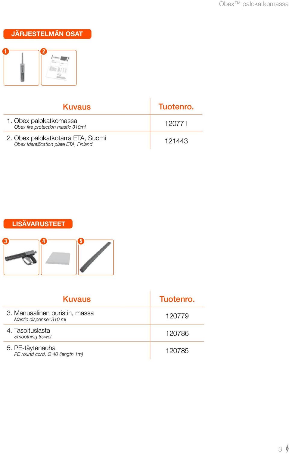 5 Kuvaus Tuotenro. 3. Manuaalinen puristin, massa Mastic dispenser 310 ml 120779 4.