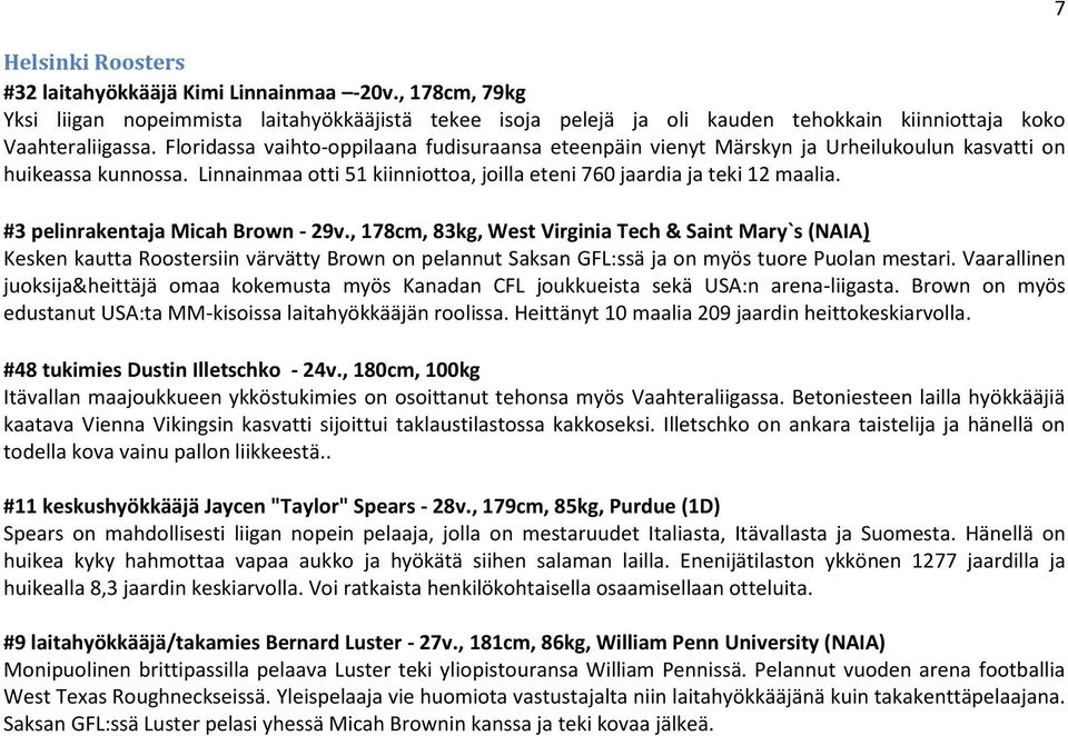 #3 pelinrakentaja Micah Brown - 29v., 178cm, 83kg, West Virginia Tech & Saint Mary`s (NAIA) Kesken kautta Roostersiin värvätty Brown on pelannut Saksan GFL:ssä ja on myös tuore Puolan mestari.