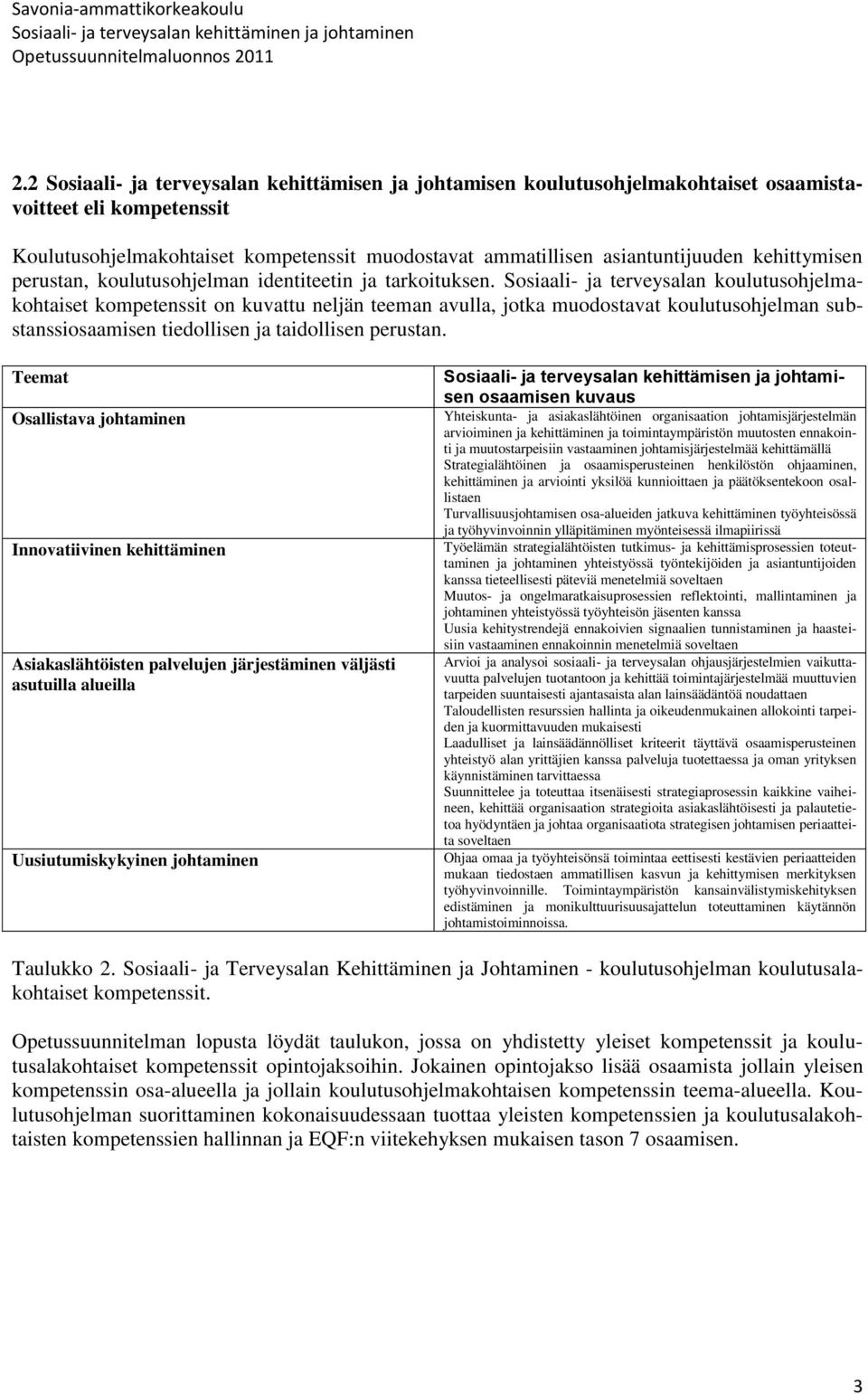 Sosiaali- ja terveysalan koulutusohjelmakohtaiset kompetenssit on kuvattu neljän teeman avulla, jotka muodostavat koulutusohjelman substanssiosaamisen tiedollisen ja taidollisen perustan.