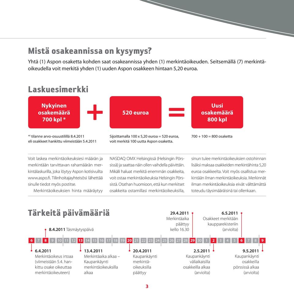 Laskuesimerkki Nykyinen osakemäärä 700 kpl * 520 euroa Uusi osakemäärä 800 kpl * ) tilanne arvo-osuustilillä 8.4.2011 eli osakkeet hankittu viimeistään 5.4.2011 Sijoittamalla 100 x 5,20 euroa = 520 euroa, voit merkitä 100 uutta Aspon osaketta.