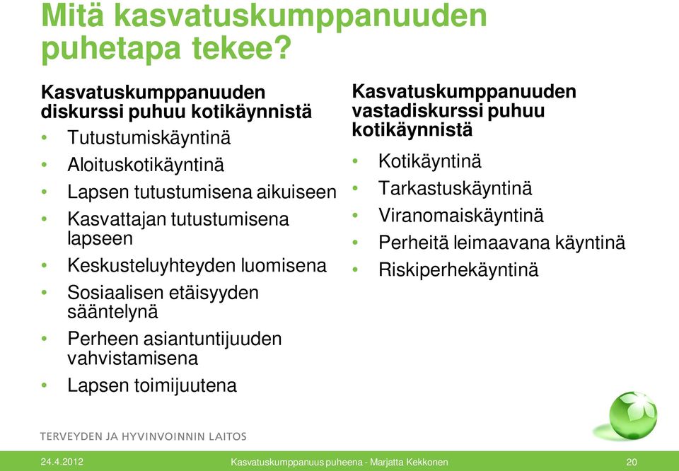 tutustumisena lapseen Keskusteluyhteyden luomisena Sosiaalisen etäisyyden sääntelynä Perheen asiantuntijuuden vahvistamisena Lapsen