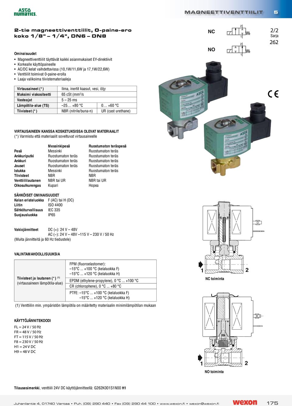 Tiivisteet () Ilma, inertit kaasut, vesi, öljy 65 cst (mm/s 5 5 ms 5 +8 C +6 C NBR (nitrile/buna-n) UR (cast urethane) / 6 NO NO irtausaineen kanssa kosketuksissa olevat materiaalit () armistu että