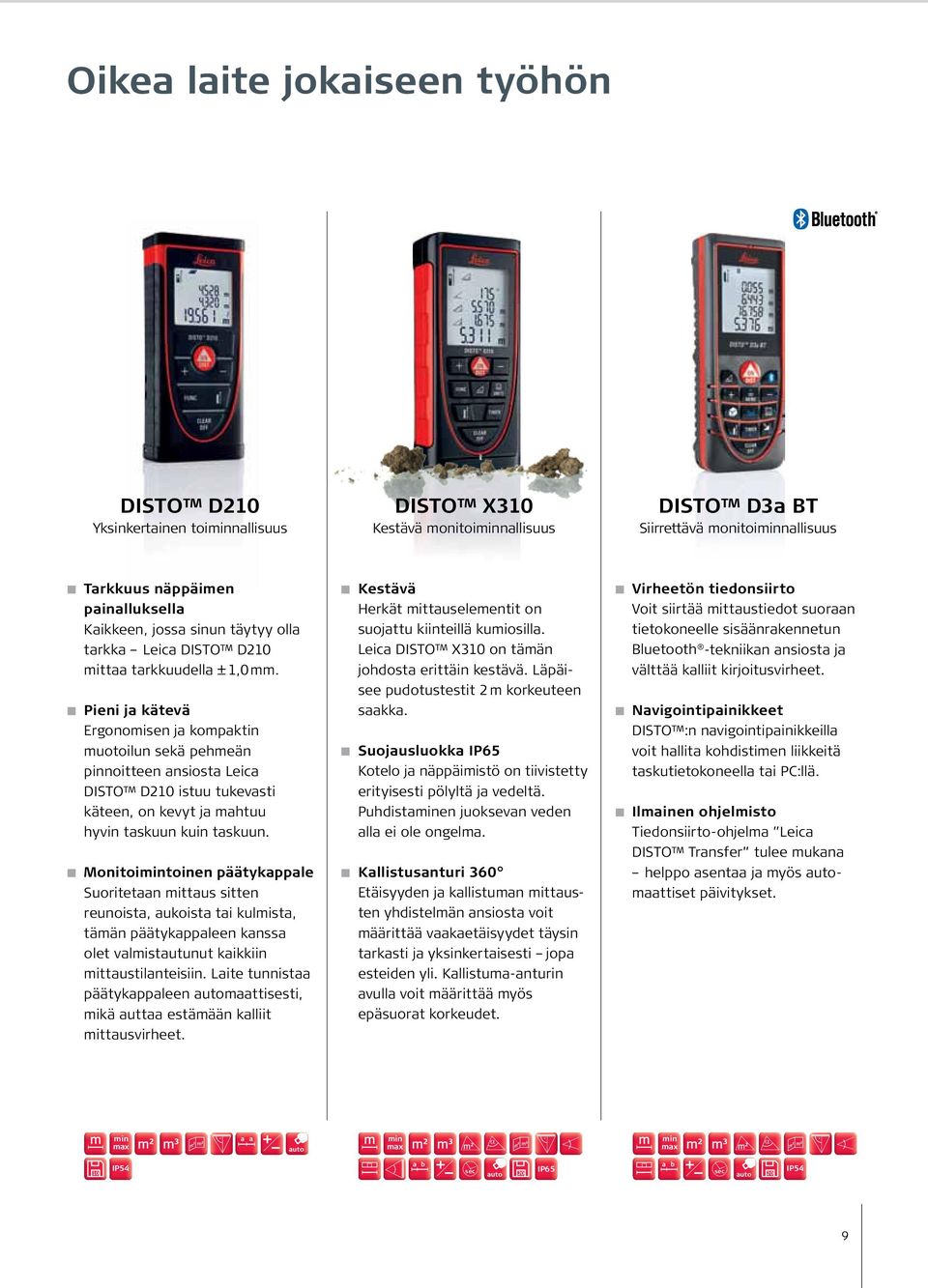 Pieni ja kätevä Ergonomisen ja kompaktin muotoilun sekä pehmeän pinnoitteen ansiosta Leica DISTO D210 istuu tukevasti käteen, on kevyt ja mahtuu hyvin taskuun kuin taskuun.