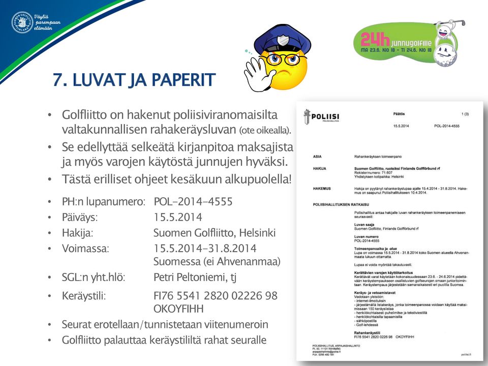 PH:n lupanumero: POL-2014-4555 Päiväys: 15.5.2014 Hakija: Suomen Golfliitto, Helsinki Voimassa: 15.5.2014-31.8.