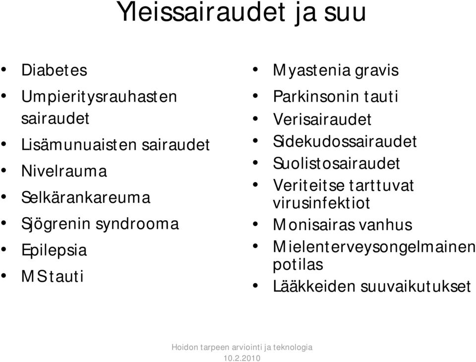 Parkinsonin tauti Verisairaudet Sidekudossairaudet Suolistosairaudet Veriteitse