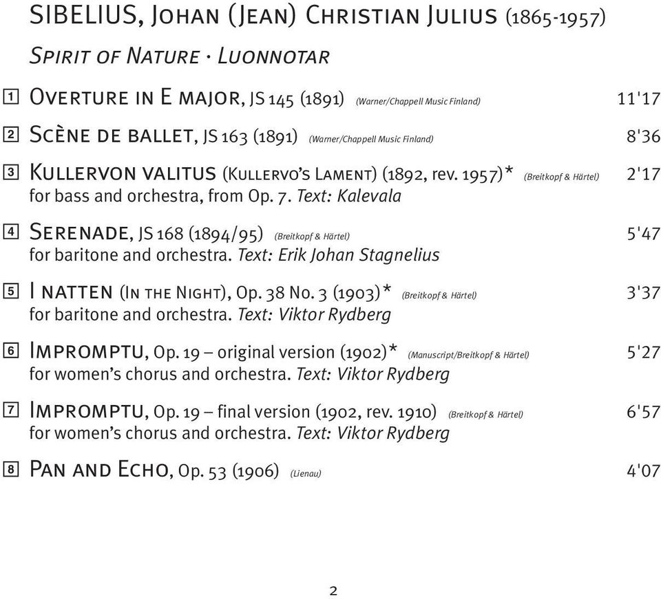 Text: Kalevala Serenade, JS 168 (1894/95) (Breitkopf & Härtel) 5'47 for baritone and orchestra. Text: Erik Johan Stagnelius I natten (In the Night), Op. 38 No.