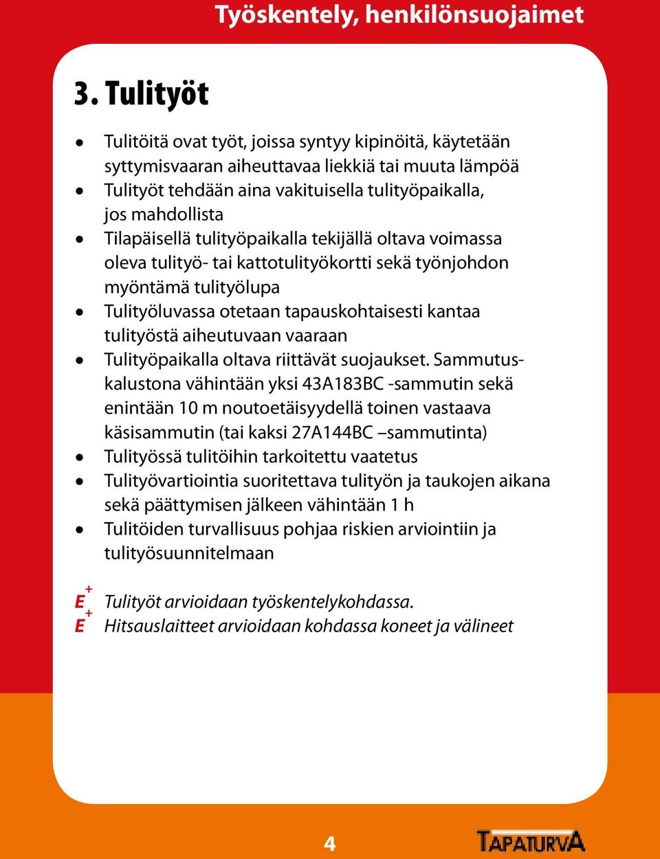 tulityöpaikalla tekijällä oltava voimassa oleva tulityö- tai kattotulityökortti sekä työnjohdon myöntämä tulityölupa Tulityöluvassa otetaan tapauskohtaisesti kantaa tulityöstä aiheutuvaan vaaraan