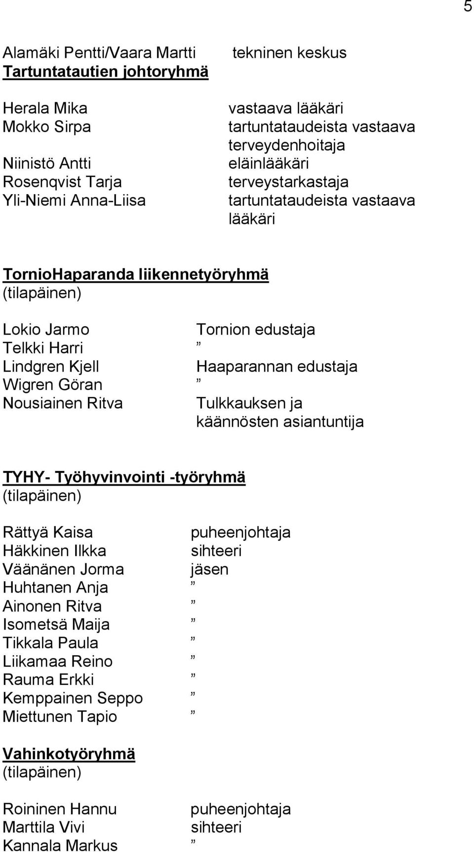 edustaja Telkki Harri Lindgren Kjell Haaparannan edustaja Wigren Göran Nousiainen Ritva Tulkkauksen ja käännösten asiantuntija TYHY- Työhyvinvointi -työryhmä Rättyä