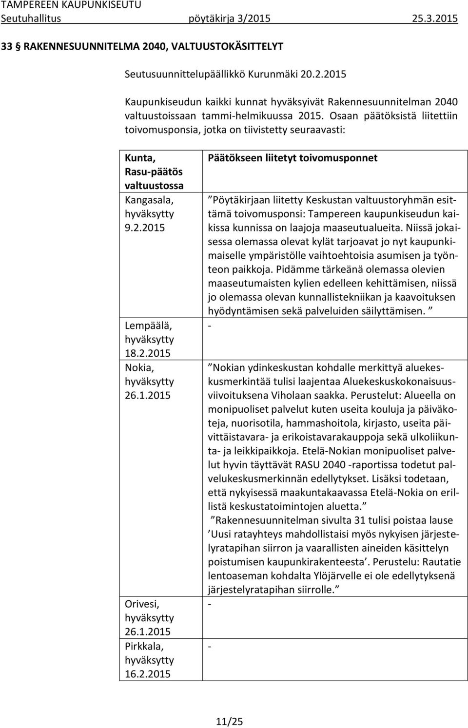 1.2015 Pirkkala, hyväksytty 16.2.2015 Päätökseen liitetyt toivomusponnet Pöytäkirjaan liitetty Keskustan valtuustoryhmän esittämä toivomusponsi: Tampereen kaupunkiseudun kaikissa kunnissa on laajoja maaseutualueita.