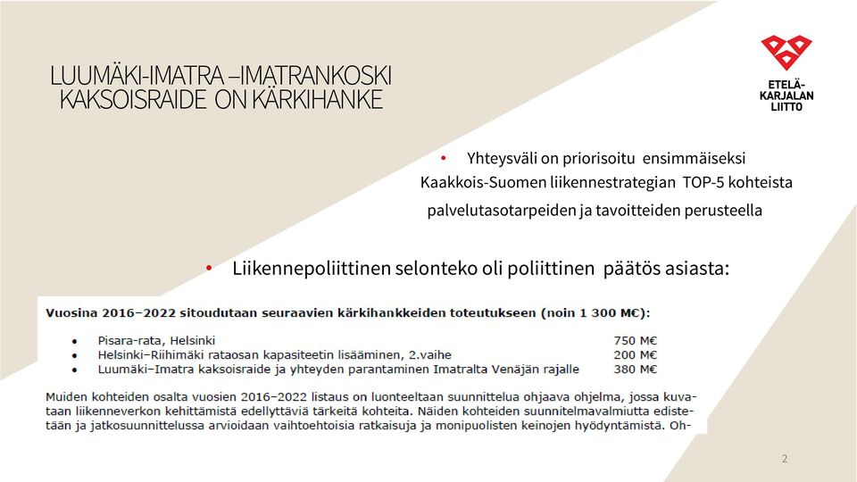 liikennestrategian TOP-5 kohteista palvelutasotarpeiden ja