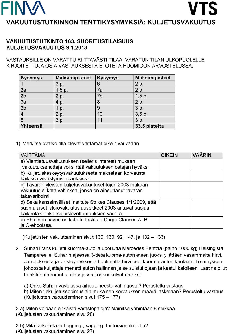 Yhteensä 33,5 pistettä 1) Merkitse ovatko alla olevat väittämät oikein vai väärin a) Vientietuusvakuutuksen (seller s interest) mukaan vakuutuksenottaja voi siirtää vakuutuksen ostajan hyväksi.