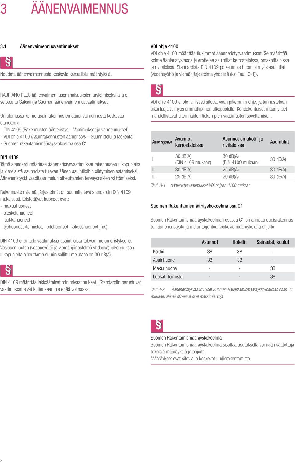 Standadista DIN 409 poiketen se huomioi myös asuintilat (vedensyöttö ja viemäijäjestelmä yhdessä (ks. Taul. 3-)).