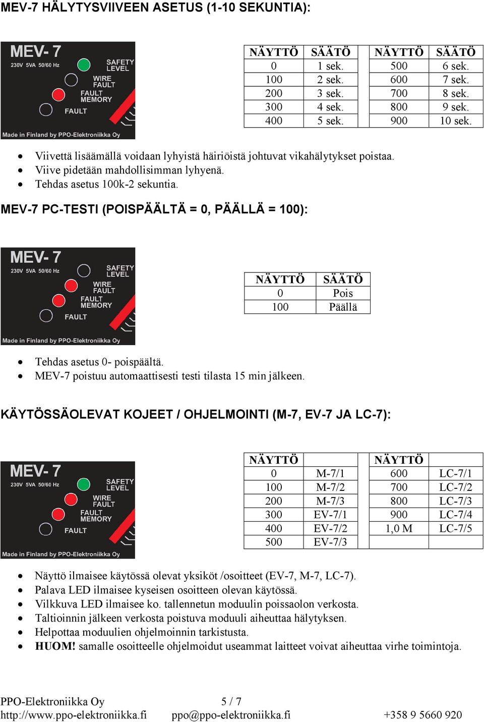 MEV-7 PC-TESTI (POISPÄÄLTÄ = 0, PÄÄLLÄ = 100): NÄYTTÖ SÄÄTÖ 0 Pois 100 Päällä Tehdas asetus 0- poispäältä. MEV-7 poistuu automaattisesti testi tilasta 15 min jälkeen.