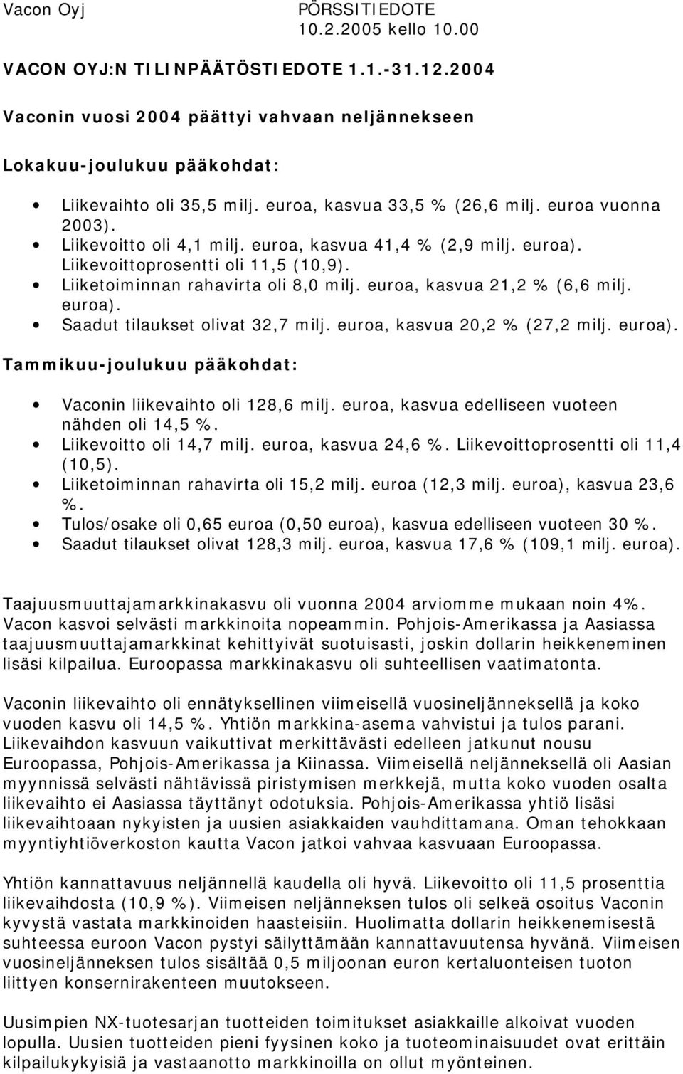 euroa, kasvua 21,2 % (6,6 milj. euroa). Saadut tilaukset olivat 32,7 milj. euroa, kasvua 20,2 % (27,2 milj. euroa). Tammikuu-joulukuu pääkohdat: Vaconin liikevaihto oli 128,6 milj.