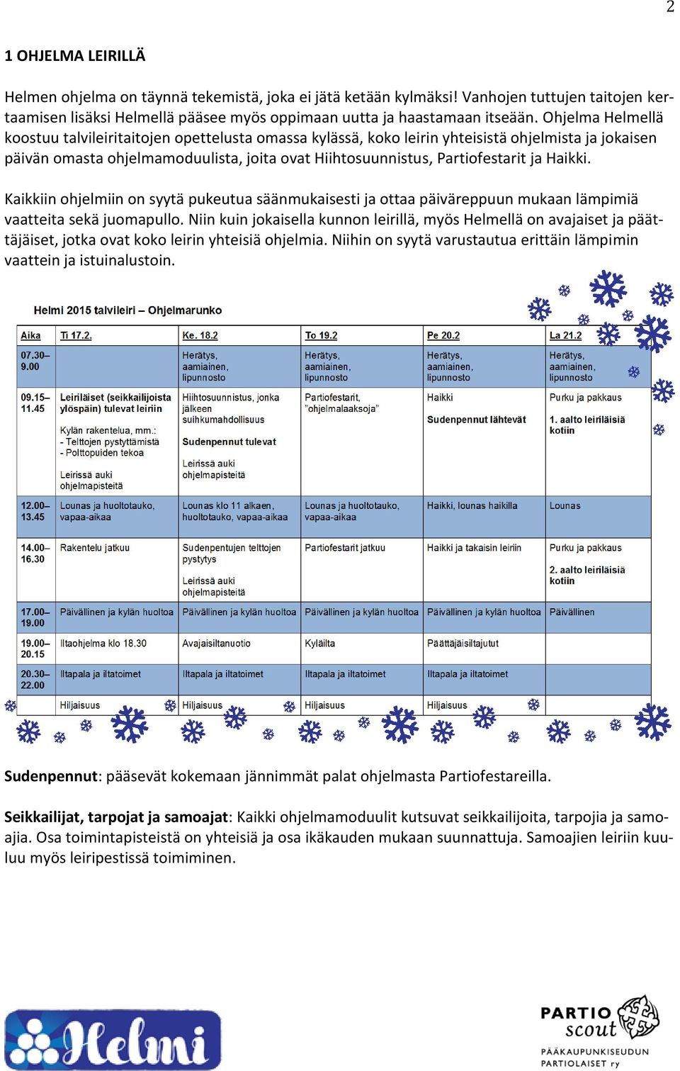 Haikki. Kaikkiin ohjelmiin on syytä pukeutua säänmukaisesti ja ottaa päiväreppuun mukaan lämpimiä vaatteita sekä juomapullo.