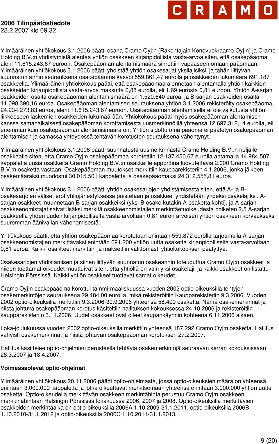 Ylimääräinen yhtiökokous 3.1.2006 päätti yhdistää yhtiön osakesarjat yksilajisiksi, ja tähän liittyvän suunnatun annin seurauksena osakepääoma kasvoi 559.861,47 eurolla ja osakkeiden lukumäärä 691.