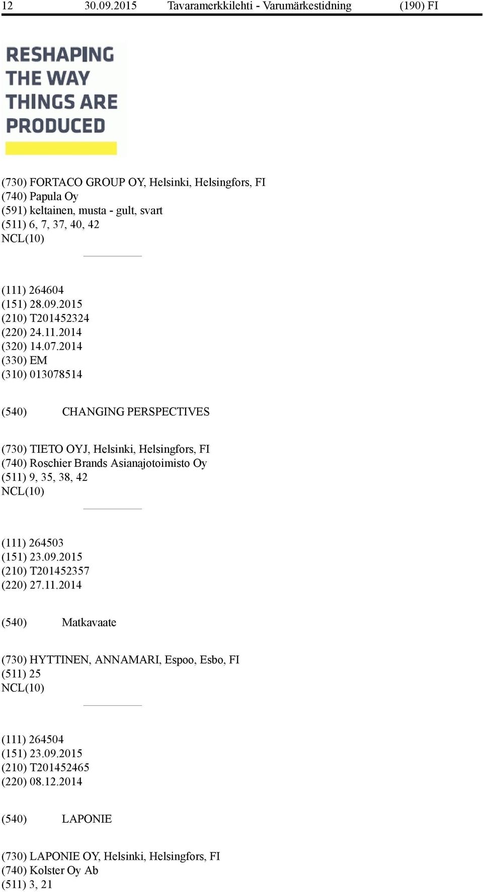 2014 (330) EM (310) 013078514 CHANGING PERSPECTIVES (730) TIETO OYJ, Helsinki, Helsingfors, FI (740) Roschier Brands Asianajotoimisto Oy (511) 9, 35, 38, 42