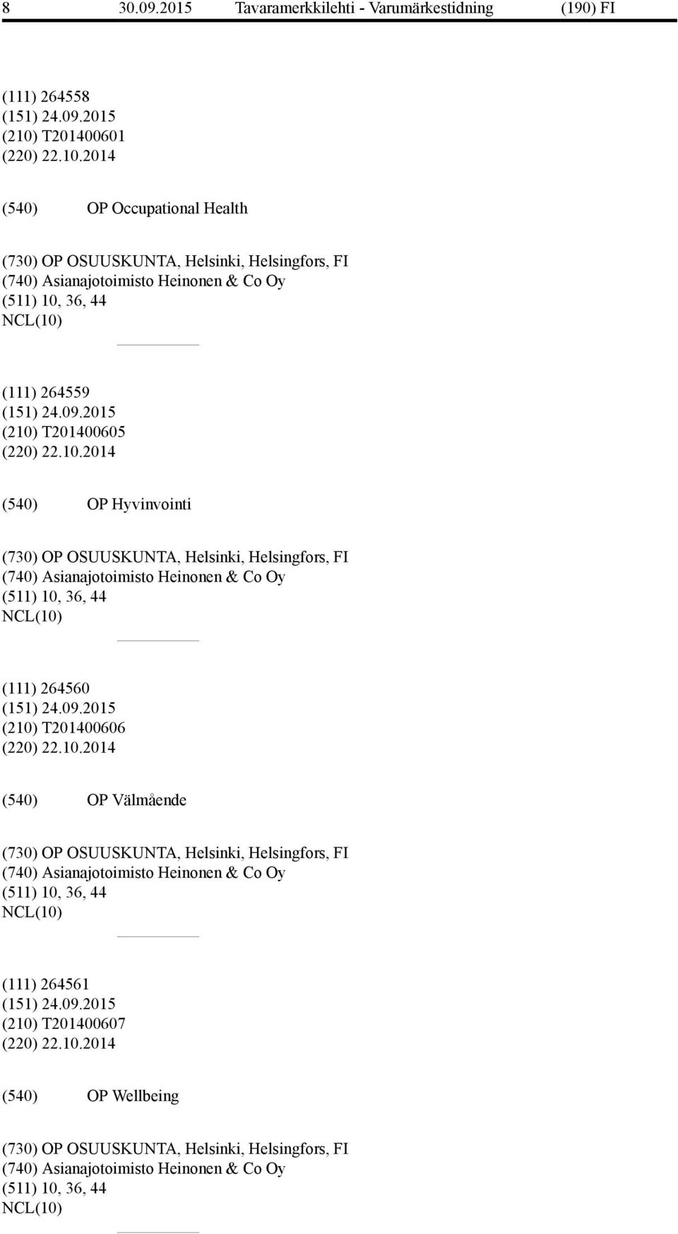 2015 (210) T201400605 (220) 22.10.2014 OP Hyvinvointi (730) OP OSUUSKUNTA, Helsinki, Helsingfors, FI (740) Asianajotoimisto Heinonen & Co Oy (511) 10, 36, 44 (111) 264560 (151) 24.09.
