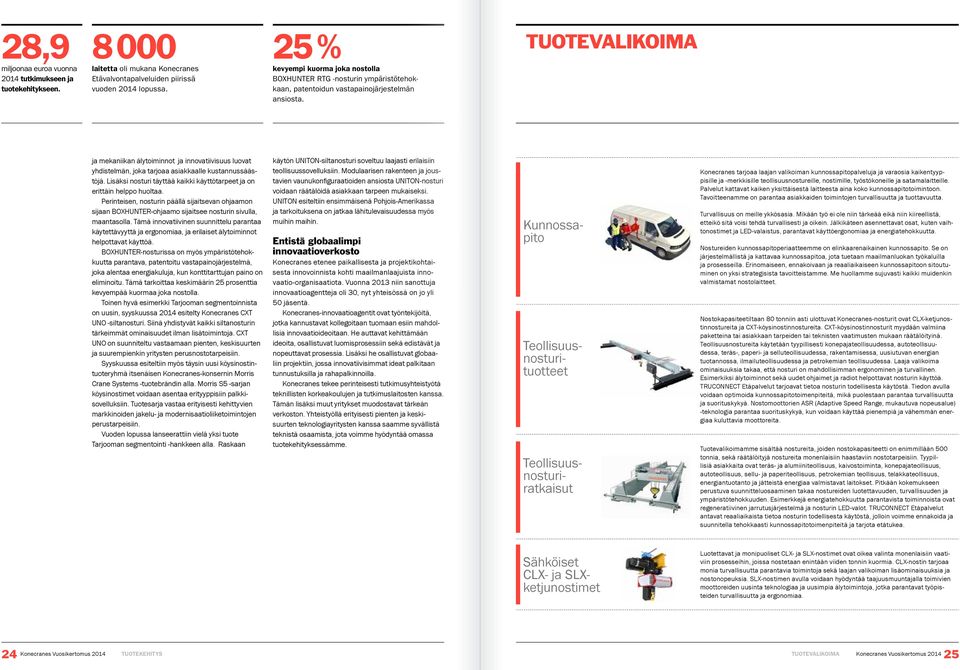 TUOTEVALIKOIMA ja mekaniikan älytoiminnot ja innovatiivisuus luovat yhdistelmän, joka tarjoaa asiakkaalle kustannussäästöjä. Lisäksi nosturi täyttää kaikki käyttötarpeet ja on erittäin helppo huoltaa.