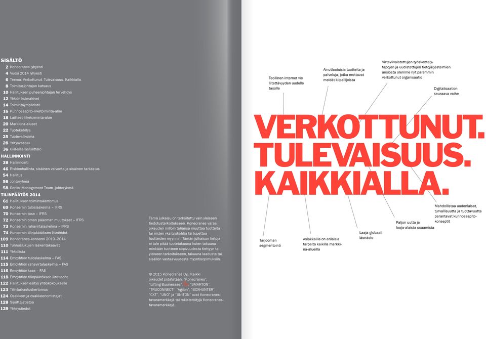 Tuotekehitys 25 Tuotevalikoima 28 Yritysvastuu 36 GRI-sisällysluettelo HALLINNOINTI 38 Hallinnointi 46 Riskienhallinta, sisäinen valvonta ja sisäinen tarkastus 54 Hallitus 56 Johtoryhmä 58 Senior