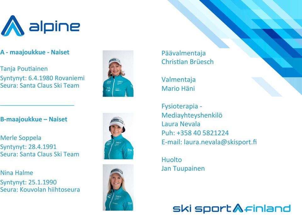 1991 Seura: Santa Claus Ski Team Nina Halme Syntynyt: 25.1.1990 Seura: Kouvolan hiihtoseura
