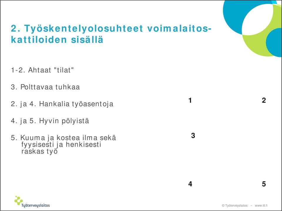 Hankalia työasentoja 1 2 4. ja 5. Hyvin pölyistä 5.