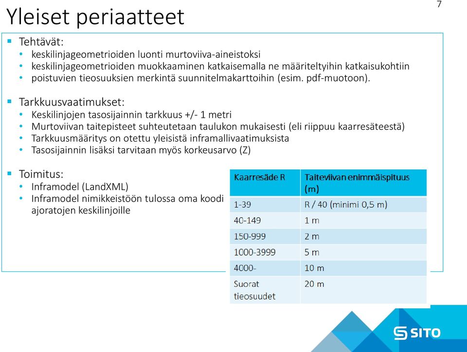 7 Tarkkuusvaatimukset: Keskilinjojen tasosijainnin tarkkuus +/- 1 metri Murtoviivan taitepisteet suhteutetaan taulukon mukaisesti (eli riippuu