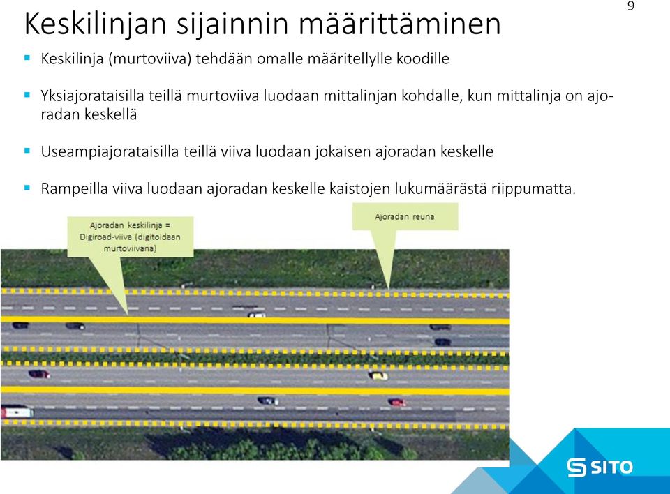 kohdalle, kun mittalinja on ajoradan keskellä Useampiajorataisilla teillä viiva