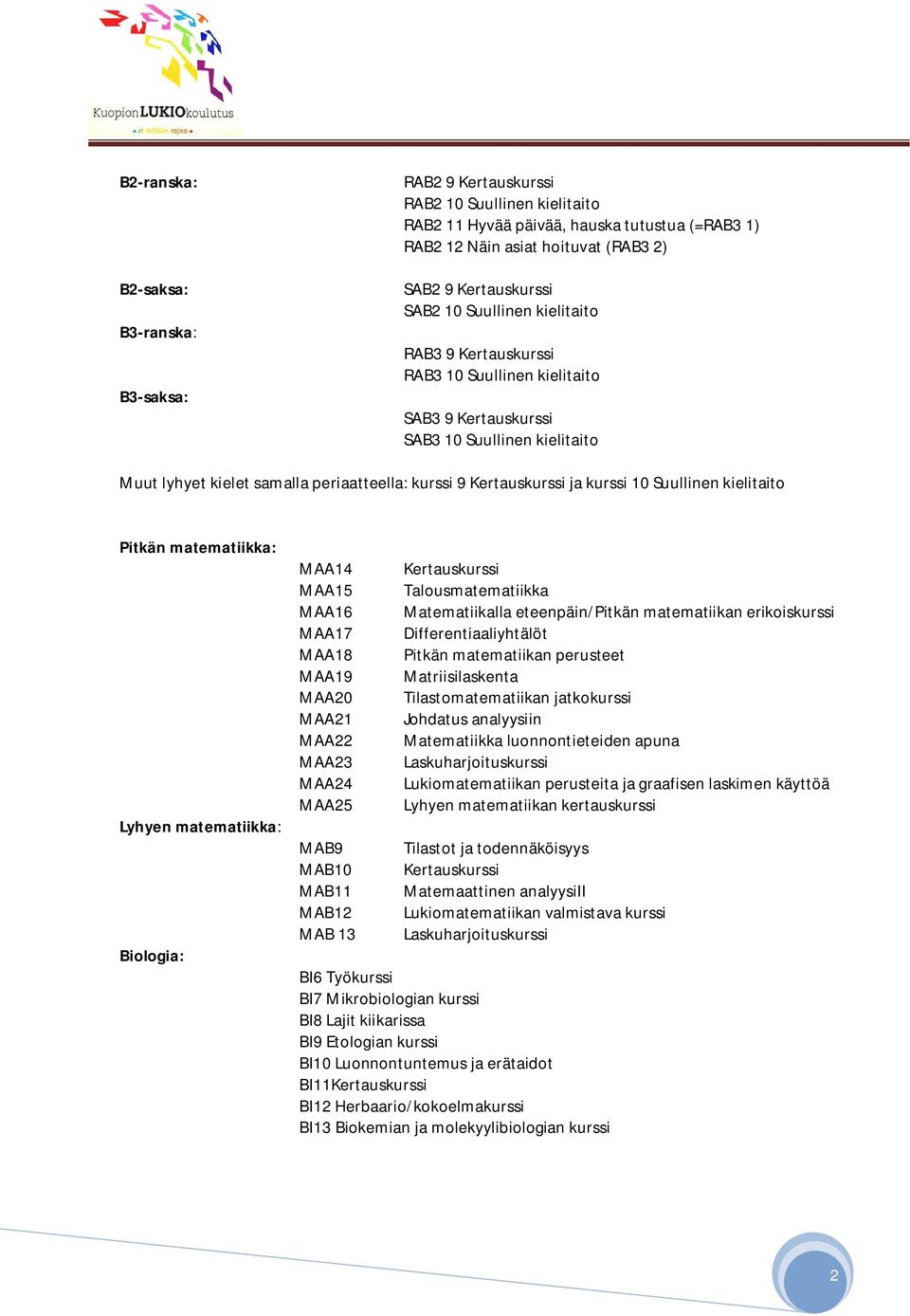 Biologia: MAA14 MAA15 MAA16 MAA17 MAA18 MAA19 MAA20 MAA21 MAA22 MAA23 MAA24 MAA25 MAB9 MAB10 MAB11 MAB12 MAB 13 Talousmatematiikka Matematiikalla eteenpäin/pitkän matematiikan erikoiskurssi