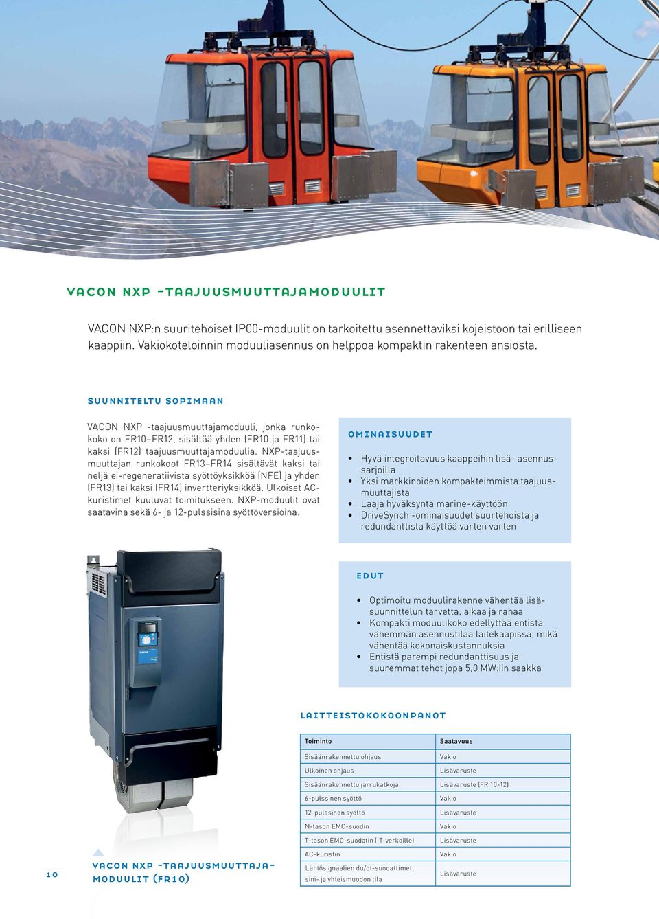 suunniteltu sopimaan VACON NXP -taajuusmuuttajamoduuli, jonka runkokoko on FR0 FR, sisältää yhden (FR0 ja FR) tai kaksi (FR) taajuusmuuttajamoduulia.