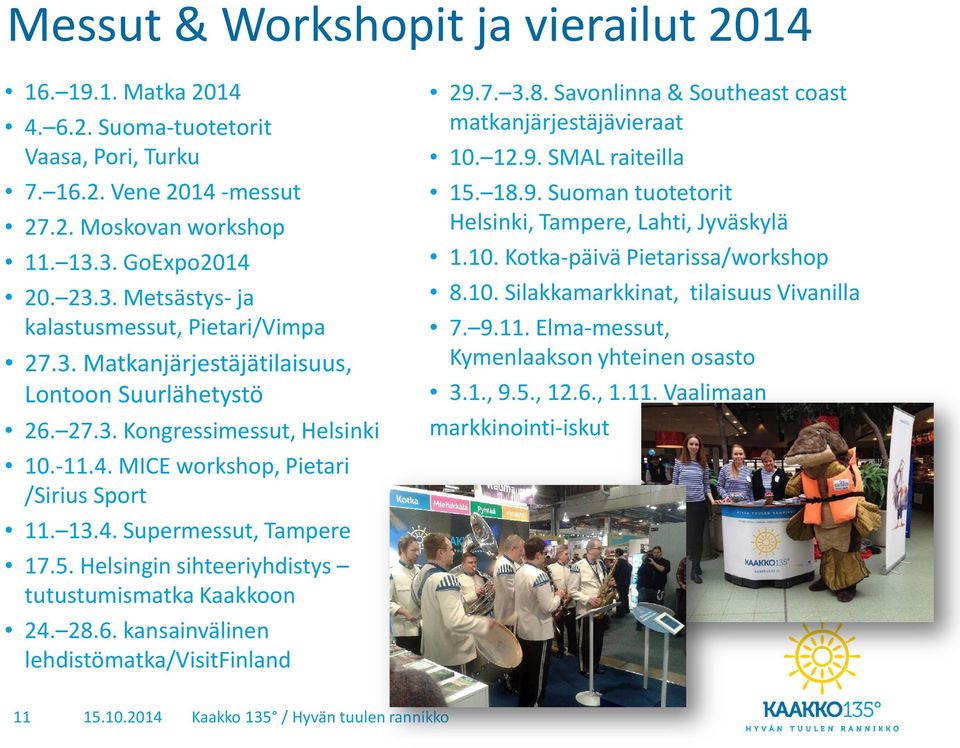 13.4. Supermessut, Tampere 17.5. Helsingin sihteeriyhdistys tutustumismatka Kaakkoon 24. 28.6. kansainvälinen lehdistömatka/visitfinland 29.7. 3.8. Savonlinna & Southeast coast matkanjärjestäjävieraat 10.