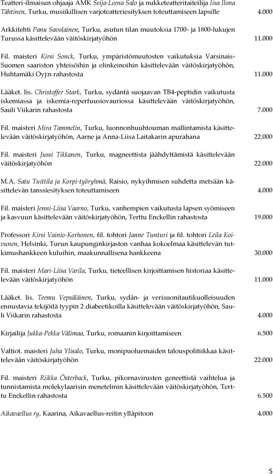 maisteri Kirsi Sonck, Turku, ympäristömuutosten vaikutuksia Varsinais- Suomen saariston yhteisöihin ja elinkeinoihin käsittelevään väitöskirjatyöhön, Huhtamäki Oyj:n rahastosta 11.000 Lääket. lis.