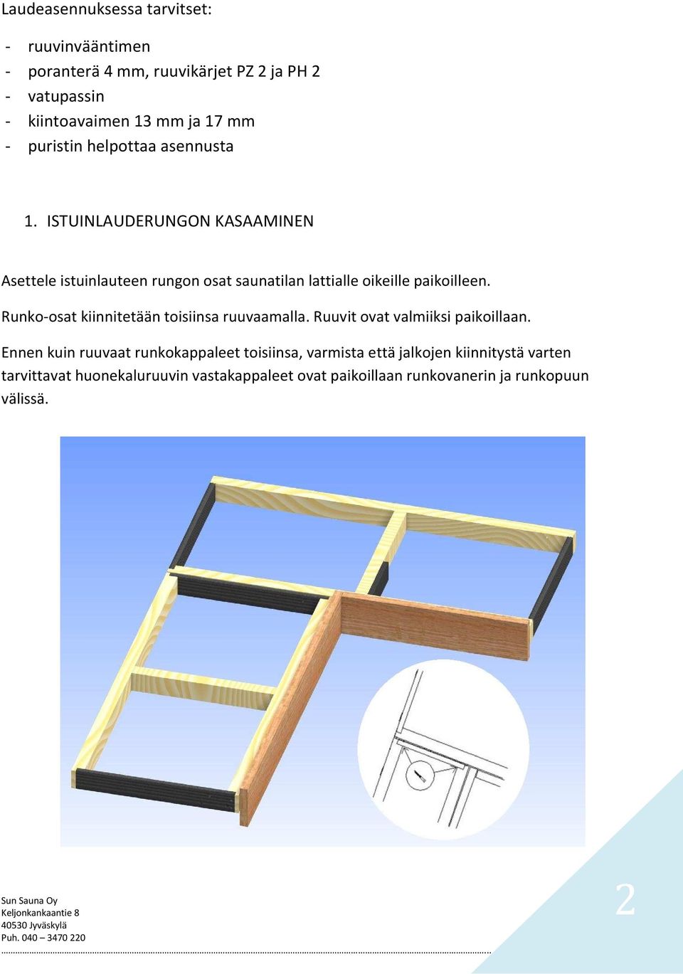 ISTUINLAUDERUNGON KASAAMINEN Asettele istuinlauteen rungon osat saunatilan lattialle oikeille paikoilleen.