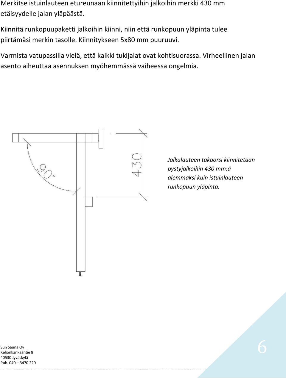 Kiinnitykseen 5x80 mm puuruuvi. Varmista vatupassilla vielä, että kaikki tukijalat ovat kohtisuorassa.