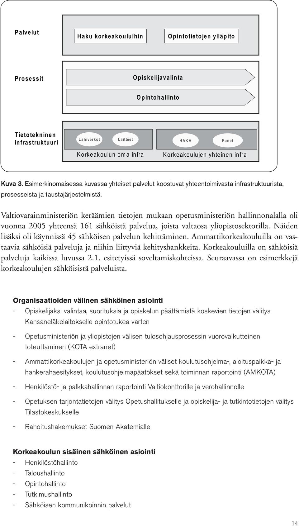 Valtiovarainministeriön keräämien tietojen mukaan opetusministeriön hallinnonalalla oli vuonna 2005 yhteensä 161 sähköistä palvelua, joista valtaosa yliopistosektorilla.