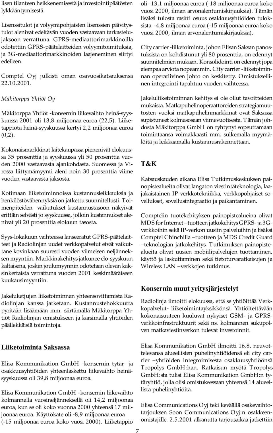 Mäkitorppa Yhtiöt Oy Mäkitorppa Yhtiöt -konsernin liikevaihto heinä-syyskuussa 2001 oli 13,8 miljoonaa euroa (22,5). Liiketappiota heinä-syyskuussa kertyi 2,2 miljoonaa euroa (0,2).