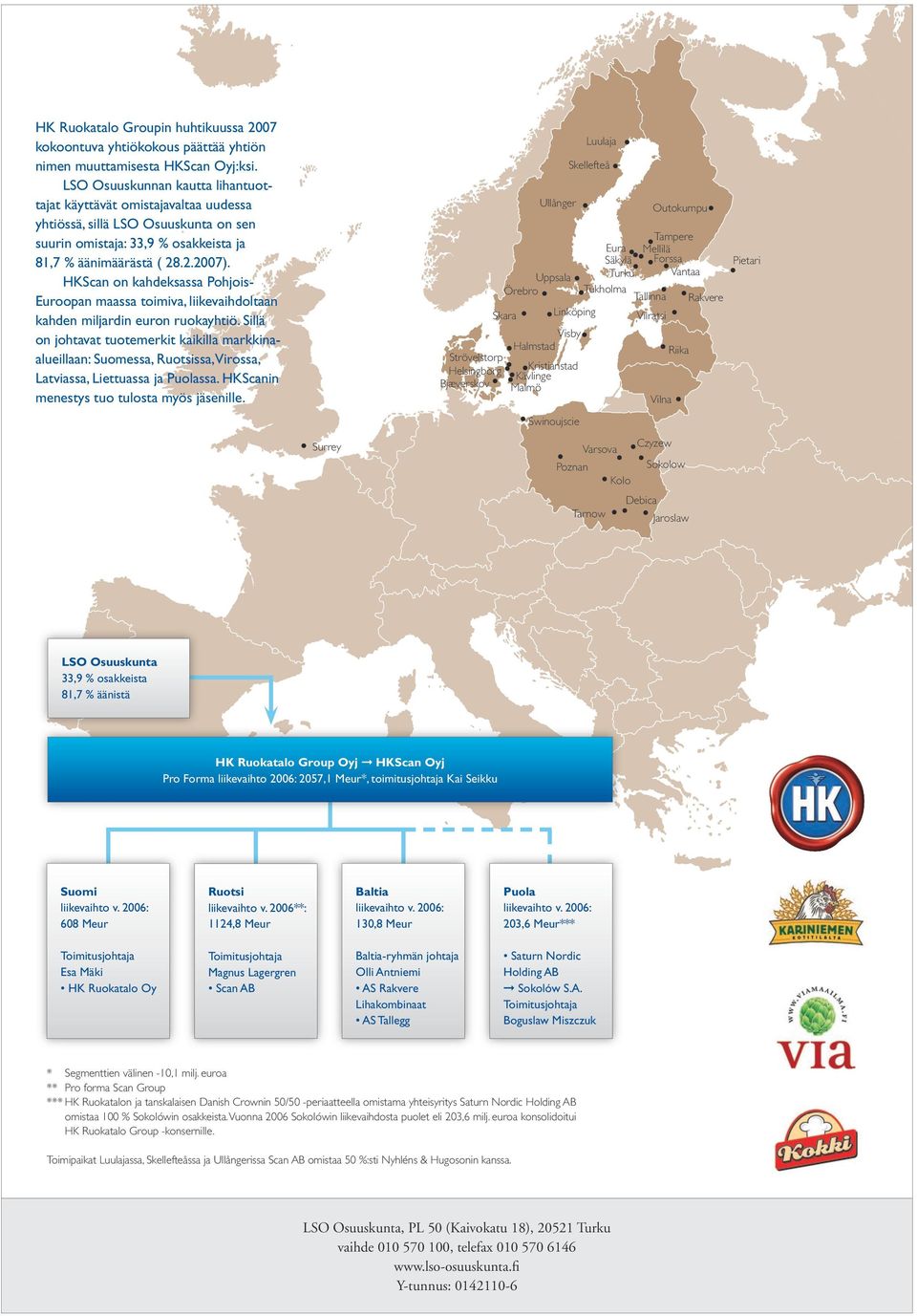 HKScan on kahdeksassa Pohjois- Euroopan maassa toimiva, liikevaihdoltaan kahden miljardin euron ruokayhtiö.