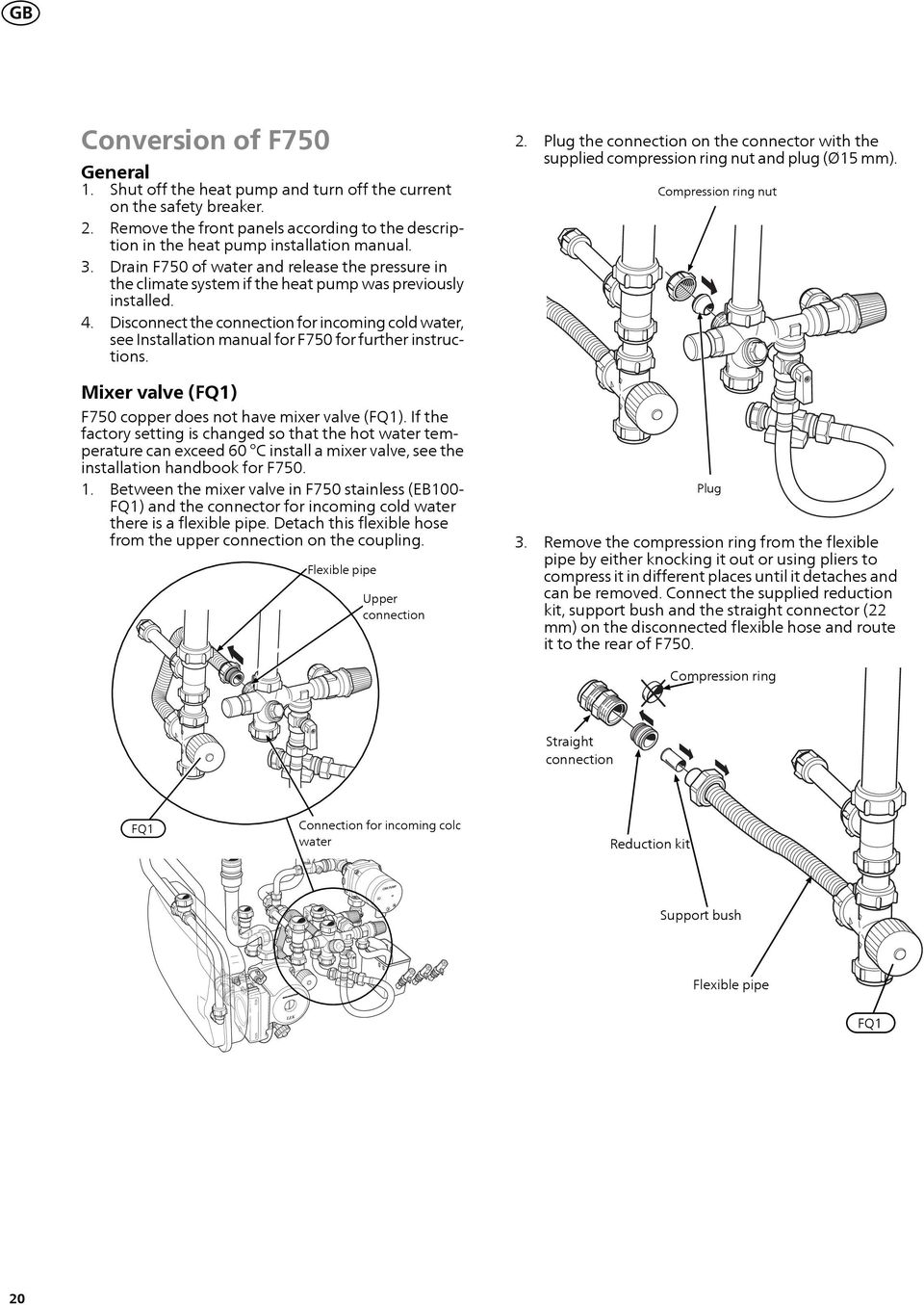 . Disconnect the connection for incoming cold water, see Installation manual for F70 for further instructions. Mixer valve (FQ1) F70 copper does not have mixer valve (FQ1).