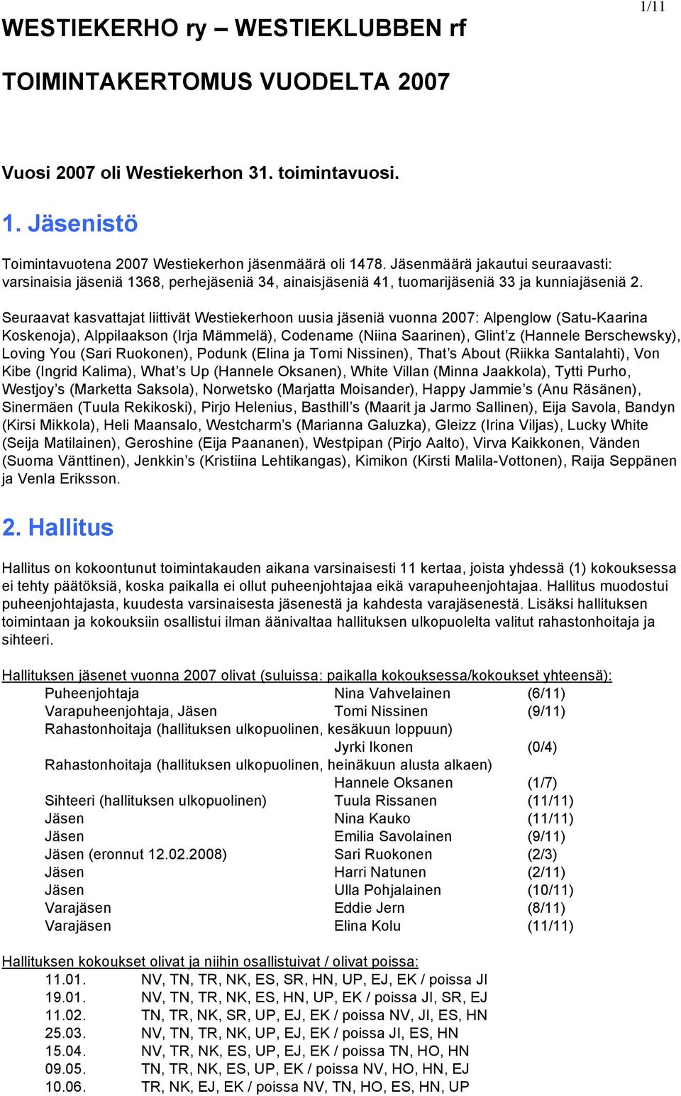 Seuraavat kasvattajat liittivät Westiekerhoon uusia jäseniä vuonna 2007: Alpenglow (Satu-Kaarina Koskenoja), Alppilaakson (Irja Mämmelä), Codename (Niina Saarinen), Glint z (Hannele Berschewsky),