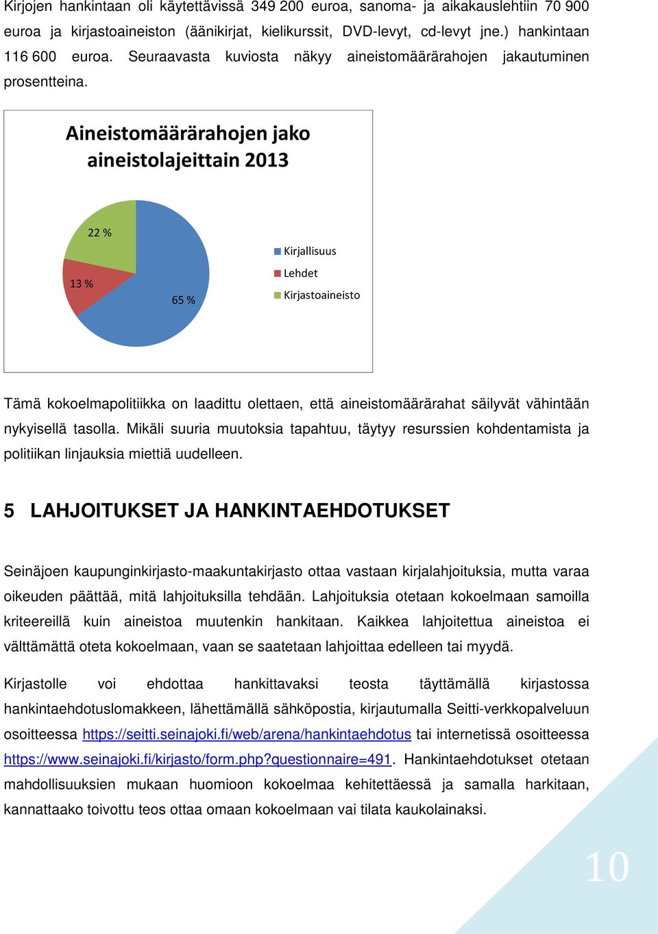 Aineistomäärärahojen jako aineistolajeittain 2013 13 % 22 % 65 % Kirjallisuus Lehdet Kirjastoaineisto Tämä kokoelmapolitiikka on laadittu olettaen, että aineistomäärärahat säilyvät vähintään